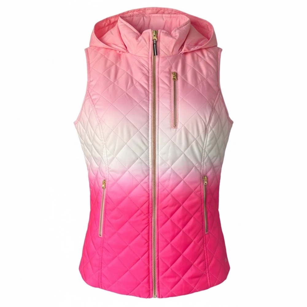 Crown & Ivy Pink Ombré Quilted Puffer Vest Hooded Zip Front Size M